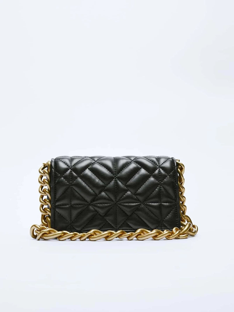 Bolsa de Ombro Acolchoada com Corrente estilo Zara Shein - Couro Legitimo